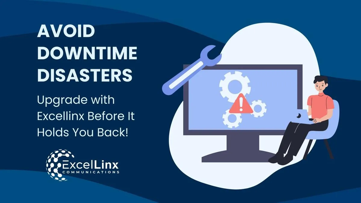 Illustration for ExcelLinx Communications showing a person working on a laptop beside a large screen displaying a system error warning, with text that reads 'Avoid Downtime Disasters – Upgrade with ExcelLinx Before It Holds You Back!' Ideal for promoting business IT solutions, network upgrades, and managed services to prevent costly system failures.
