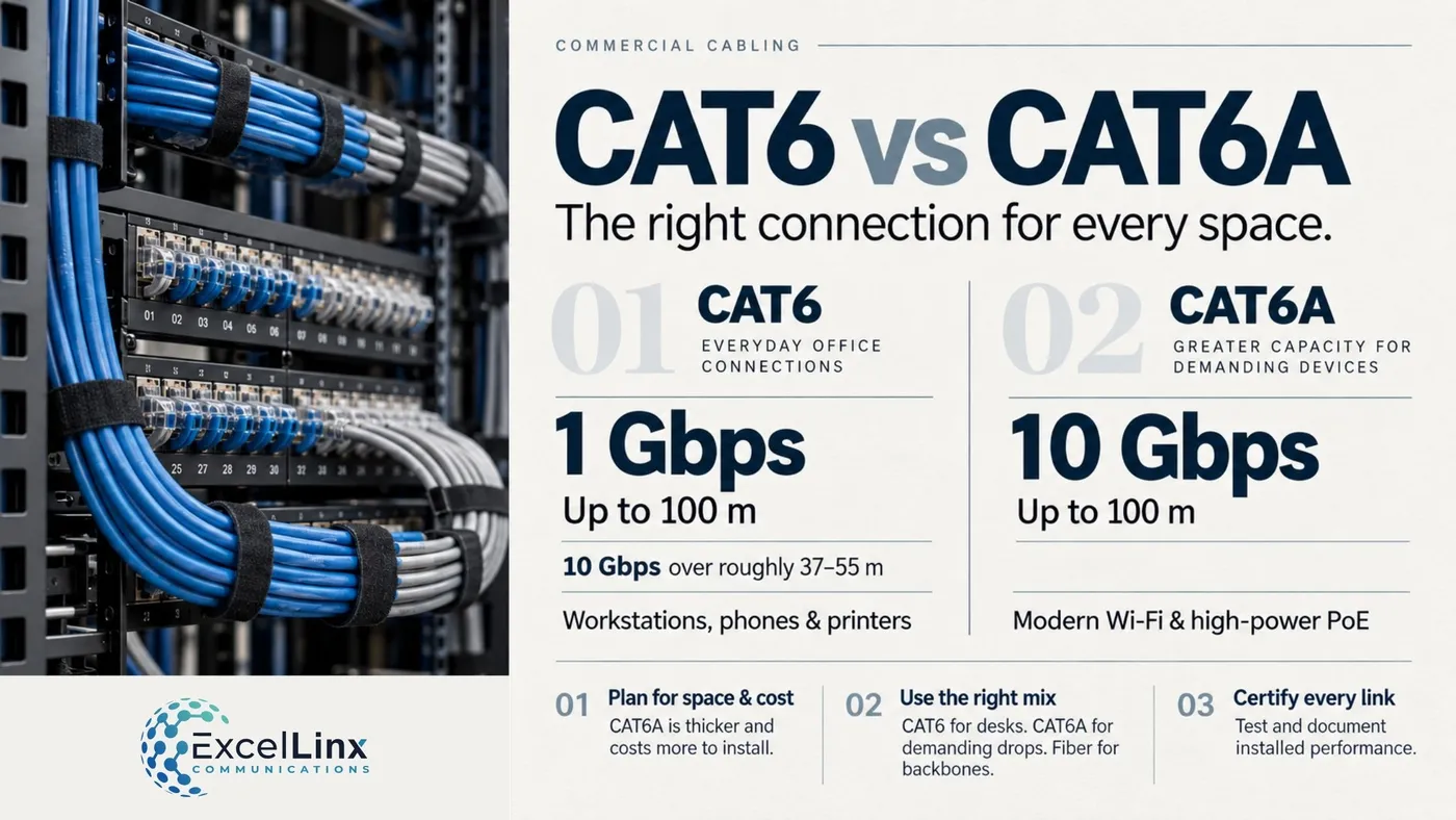 CAT6 vs CAT6A commercial cabling infographic comparing network speeds, distance, applications and installation considerations.