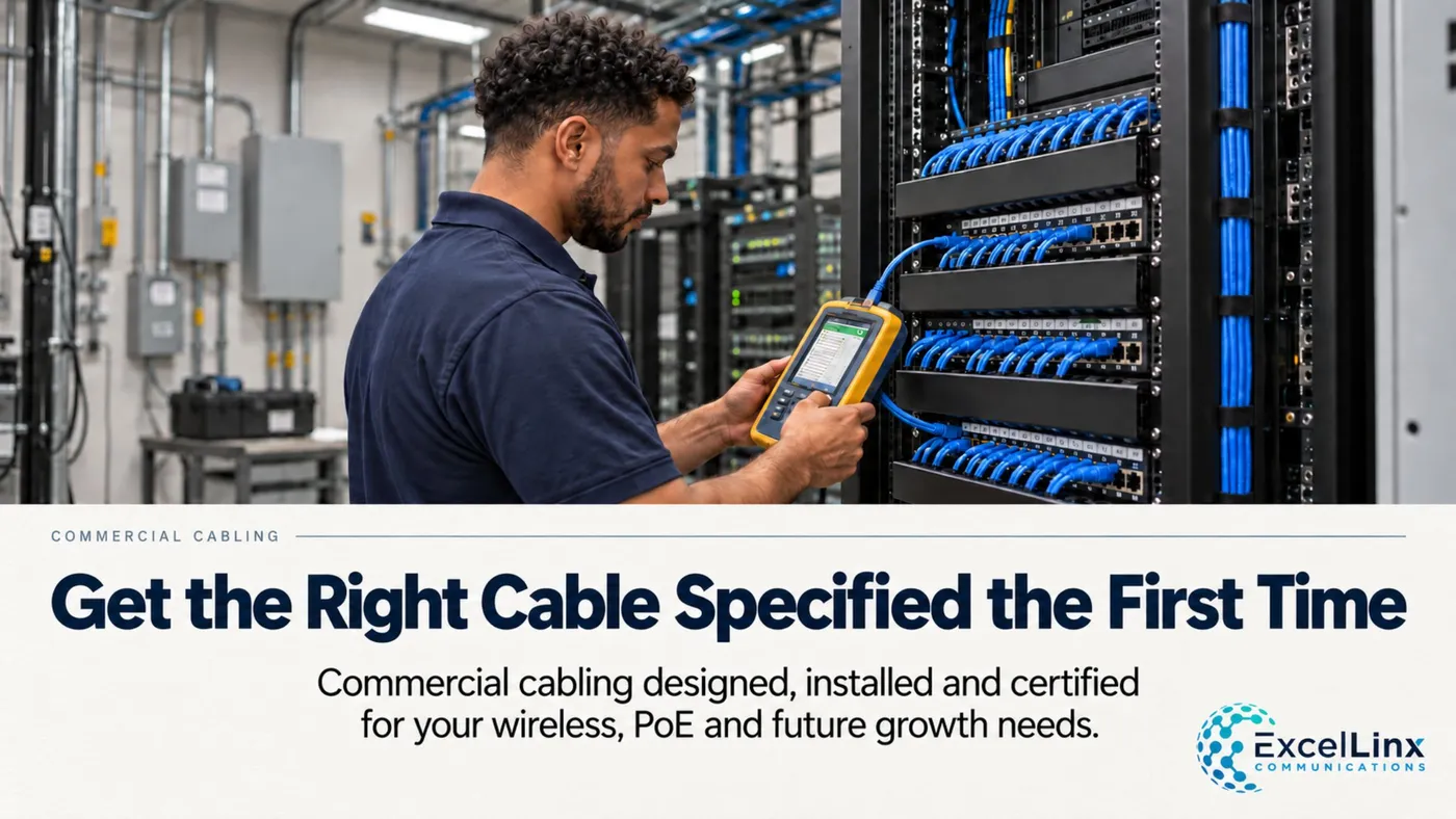 Network technician testing and certifying structured cabling in a commercial network rack for ExcelLinx Communications.