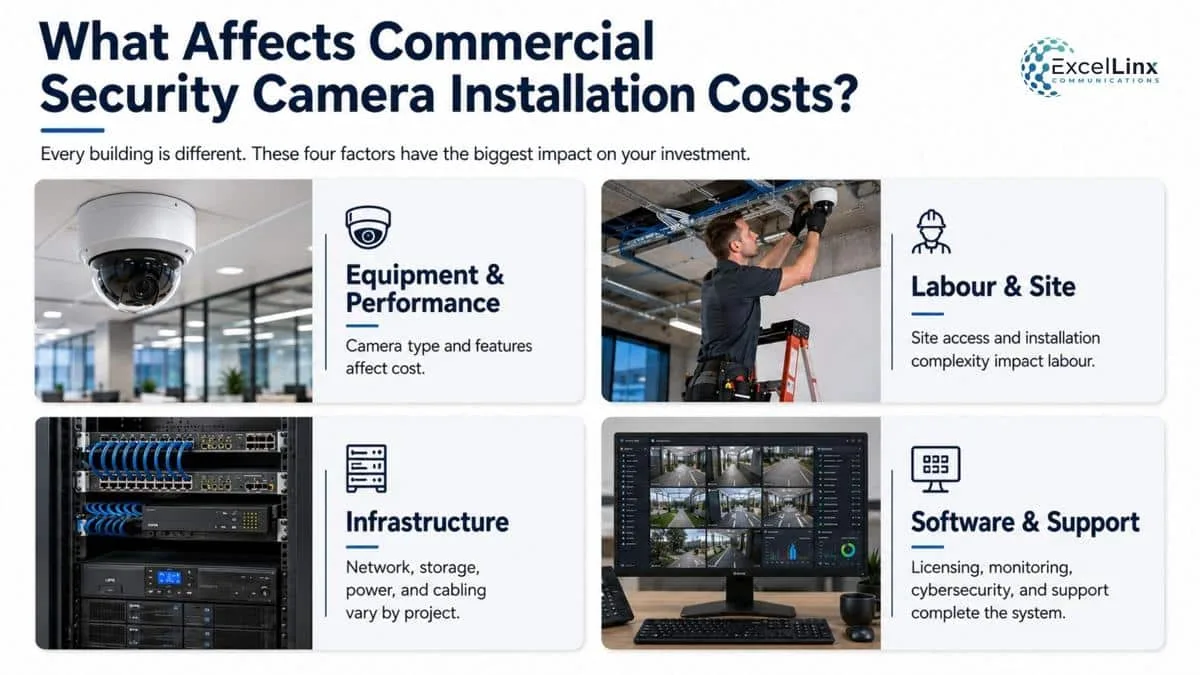 Infographic explaining the key factors that affect commercial security camera installation costs, including equipment, labour, infrastructure, and software.