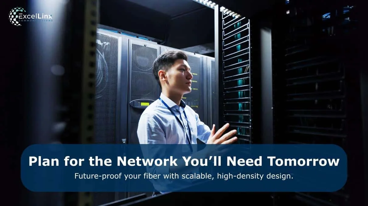 IT technician working inside a data center server rack while planning high-density fiber optic network infrastructure.