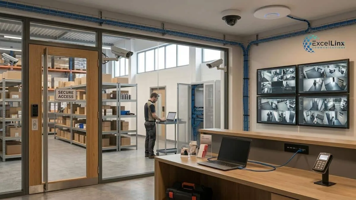 Commercial security setup featuring surveillance cameras, access-controlled entry door, and multiple monitoring screens inside a secure facility, illustrating integrated business security systems including video surveillance and access control technology.
