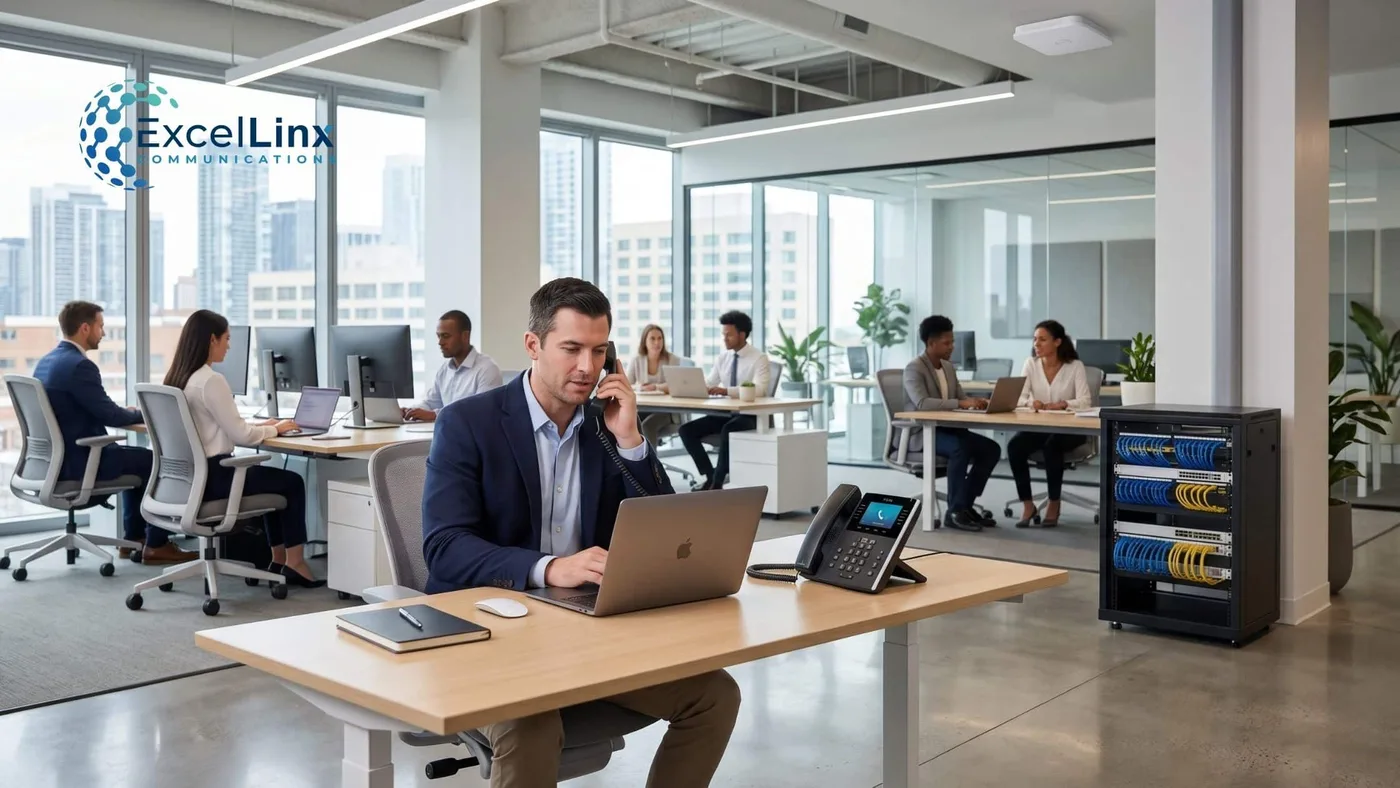 Modern open-concept office with employees working at desks while a professional uses a desk phone and laptop, with visible structured network rack nearby, illustrating business phone system and VoIP communications infrastructure for growing companies