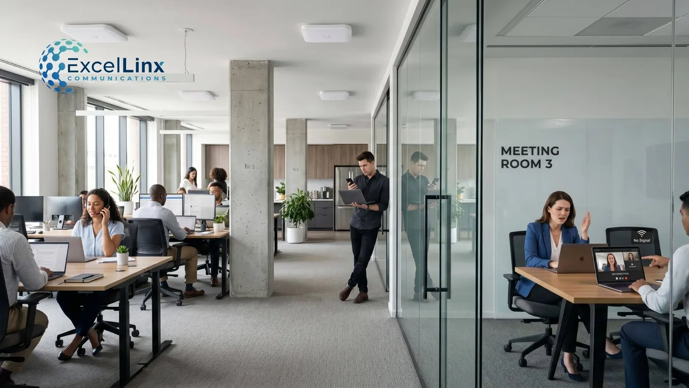 Modern office with employees working while one meeting room displays a no signal video call, illustrating WiFi dead zones and poor wireless coverage issues that affect productivity in business environments.
