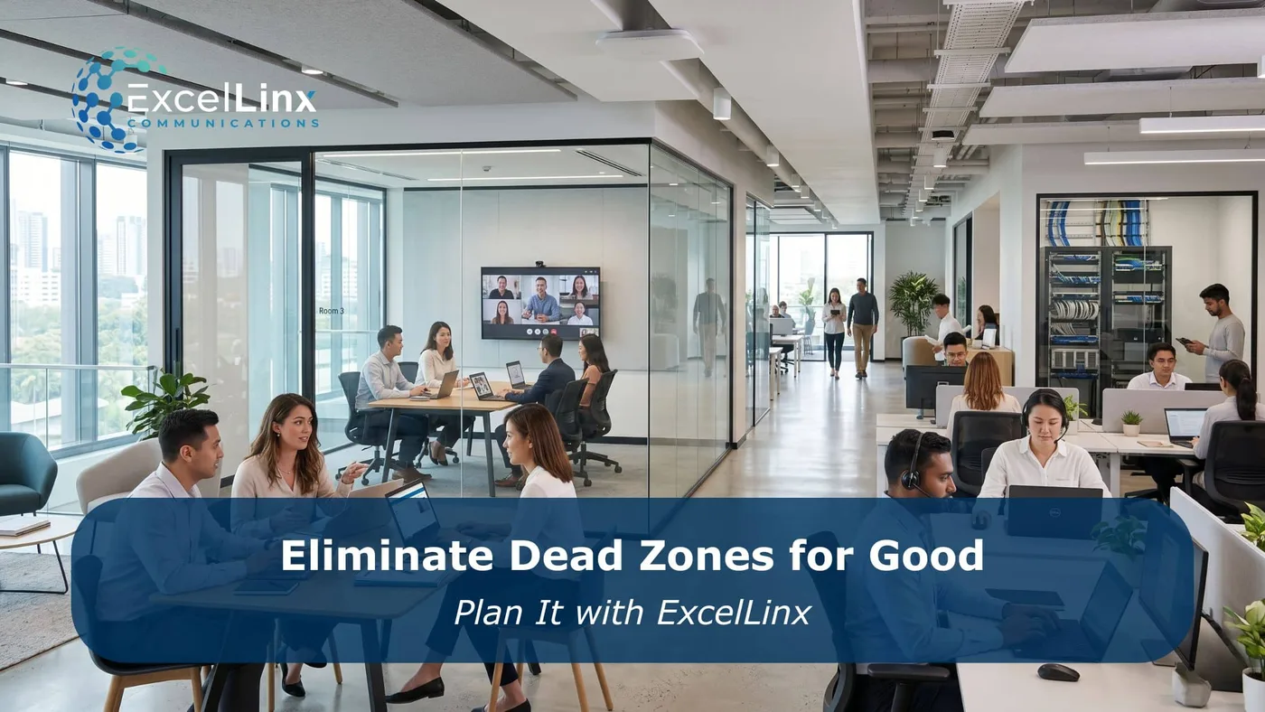 Large modern office with employees working across open workspaces and meeting rooms connected by strong wireless access points, representing improved WiFi coverage and office network upgrades, with overlay text about eliminating dead zones permanently