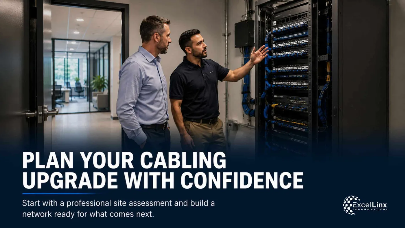 Network specialist and business professional reviewing structured cabling infrastructure and planning a commercial network upgrade