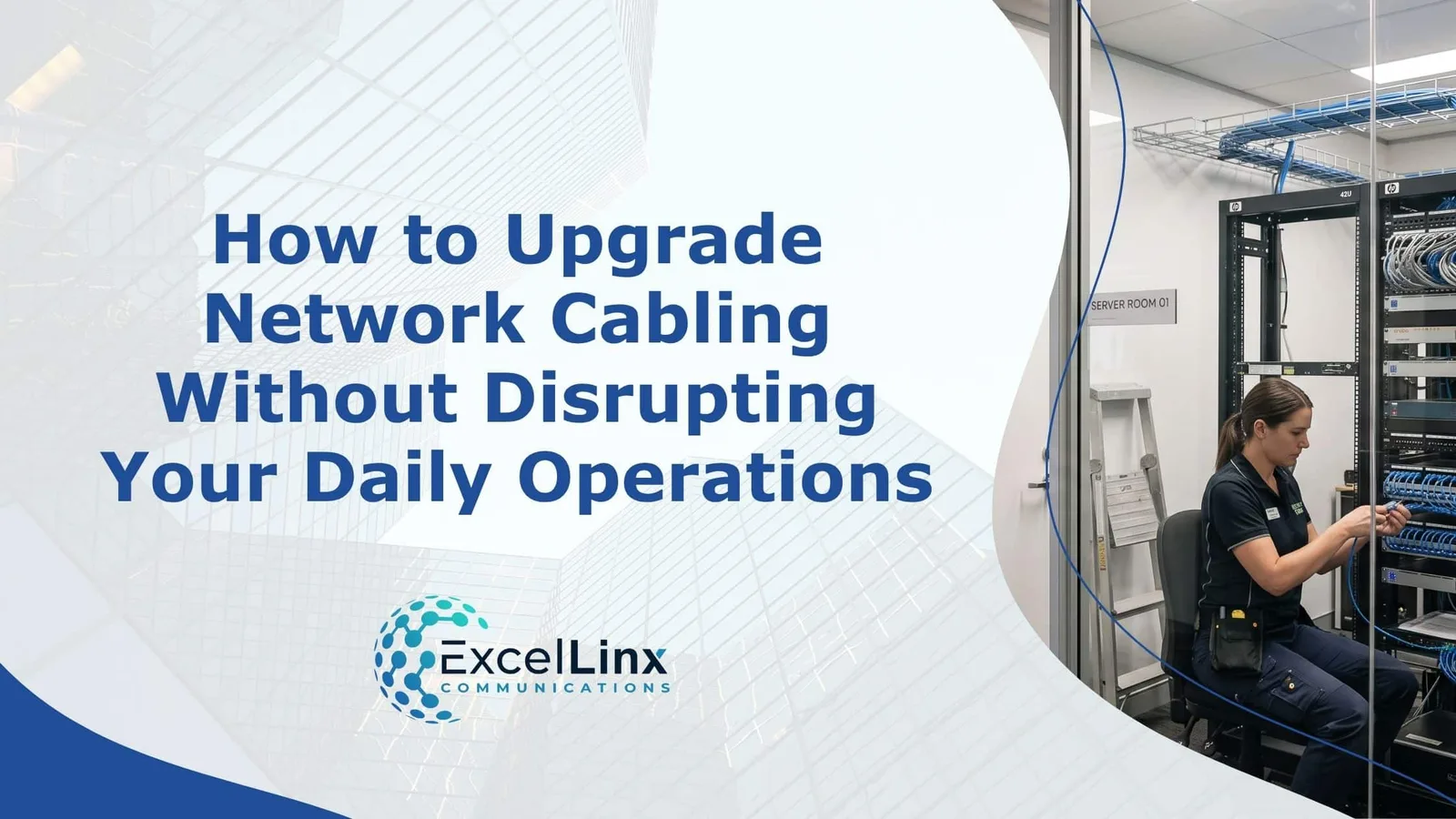 Network technician upgrading structured cabling in a commercial server room while maintaining daily business operations