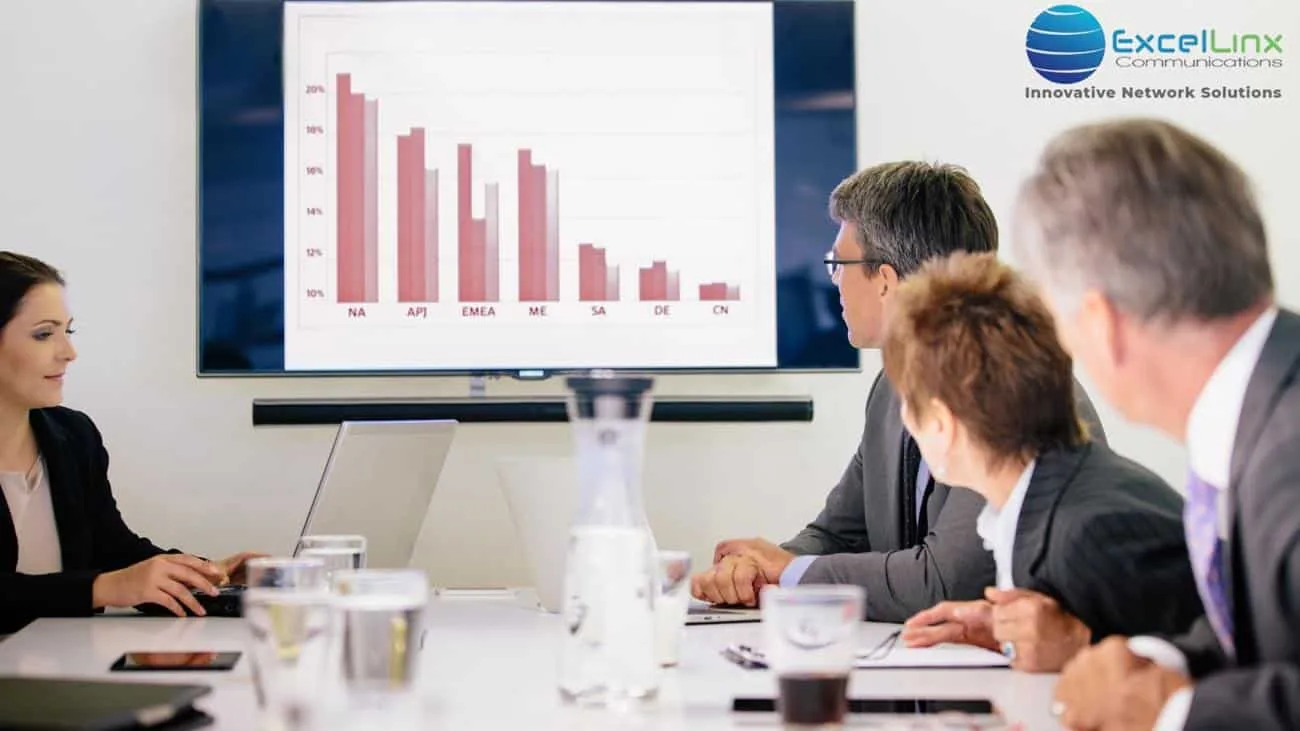 Professionals in a modern conference room review a regional bar graph on a screen. The ExcelLinx Communications logo appears in the top right, highlighting their focus on network solutions.