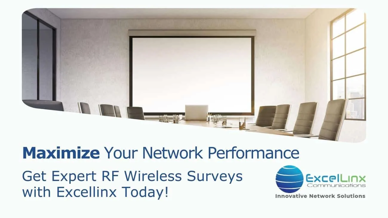 Image featuring a modern, sunlit conference room with a long table, high-back chairs, and a large blank screen. Overlaid promotional text reads: “Maximize Your Network Performance – Get Expert RF Wireless Surveys with Excellinx Today!” The bottom right corner displays the ExcelLinx Communications logo and tagline, “Innovative Network Solutions,” emphasizing the company’s professional wireless survey services for optimal connectivity in commercial settings.
