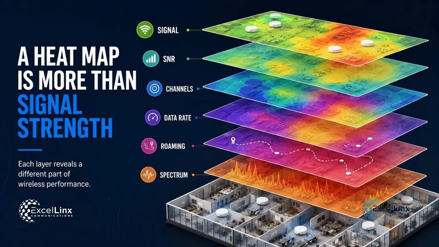 Wi-Fi heat map infographic showing signal strength, SNR, channels, data rate, roaming, and spectrum as key layers of wireless network performance