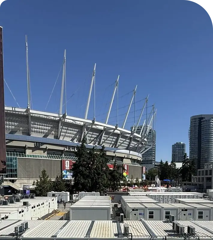 Broadcast compound outside the stadium in Vancouver during the FIFA World Cup