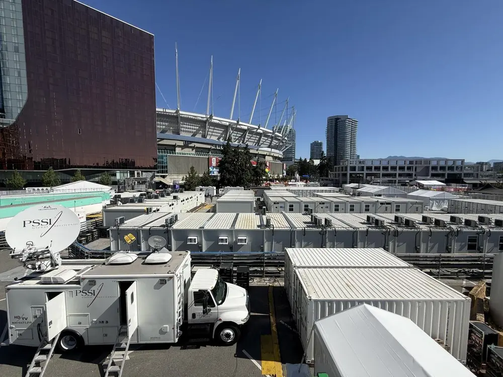 Broadcast compound outside the stadium in Vancouver during the FIFA World Cup