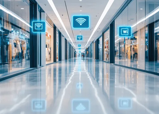 A modern shopping mall corridor with polished floors and glass storefronts is shown with floating digital icons representing Wi-Fi connectivity. The glowing blue symbols indicate the availability of wireless internet throughout the mall.