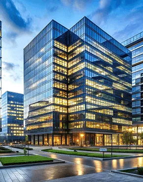A sleek glass office tower glows at dusk as interior lights reflect off its mirror-like façade. Trim landscaping and wet pavement in the foreground hint at a recent rain while framing the building’s sharp modern lines.