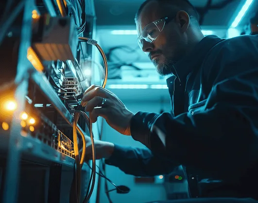 A technician wearing safety glasses works in a dimly lit server room, carefully connecting cables to network equipment. Blue LED lights illuminate the scene, emphasizing the focus and precision required for the task.