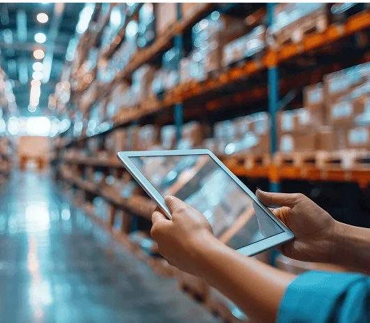 Hands hold a tablet in a wide warehouse aisle lit by bright overhead lights. Tall shelves packed with labeled boxes blur into the distance. The scene highlights digital inventory tracking over a wireless network.