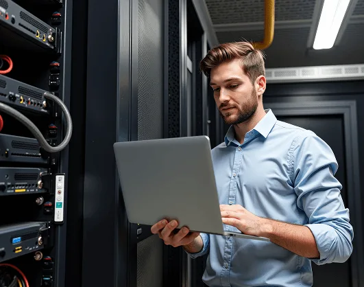 A man in a light blue dress shirt works on a laptop inside a server room, focused on monitoring or configuring the equipment. He stands next to server racks with visible cables and network hardware.