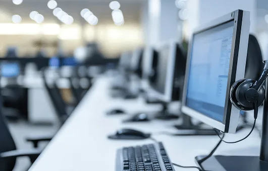 A row of desktop computers with headsets is set up in a clean, modern call center or office space. The focus is on one monitor in the foreground, while the background shows a softly blurred, brightly lit workspace.