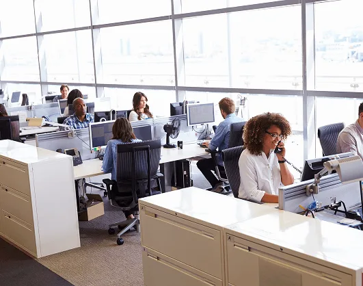 A bright, modern open-plan office with large windows features diverse professionals working at desks with computers. One woman in the foreground is on the phone, while others are focused on screens or in conversation, creating a productive and collaborative work environment.