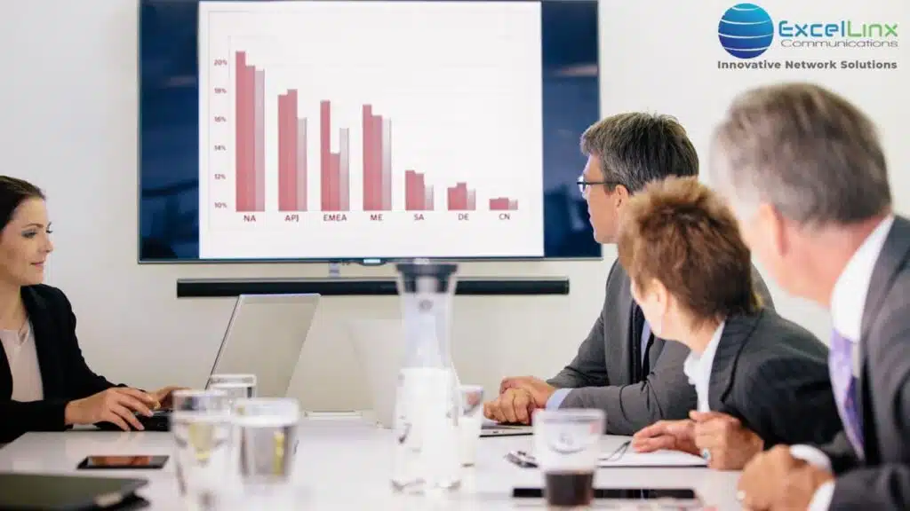 Professionals in a modern conference room review a regional bar graph on a screen. The ExcelLinx Communications logo appears in the top right, highlighting their focus on network solutions.