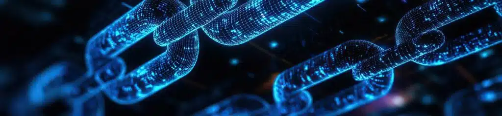 Glowing blue digital chain links symbolize robust, end-to-end data connections, echoing the strength of professional network cabling. The close-up, futuristic style reinforces reliability and security—key promises of our networking and cabling services.