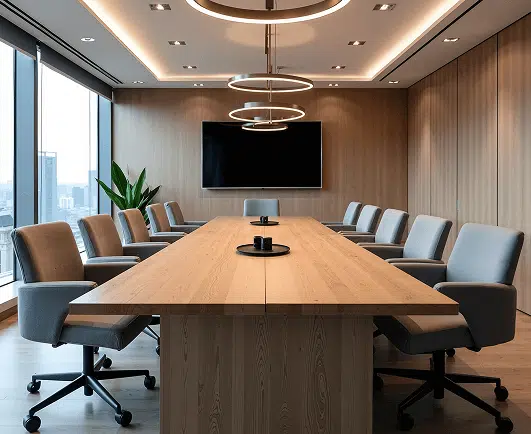A sleek, modern conference room features a long wooden table surrounded by padded swivel chairs, with a large screen mounted on a wood-paneled wall. Floor-to-ceiling windows offer a city view, and stylish circular light fixtures add a contemporary touch.