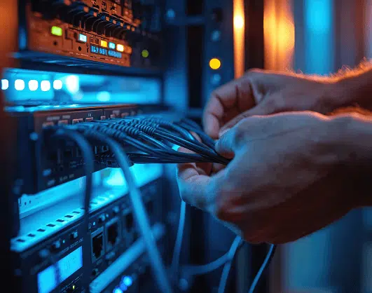 Close-up of hands connecting multiple Ethernet cables into a network switch inside a server rack. The scene is lit with cool blue and orange lighting, highlighting the technical precision of data center or IT infrastructure work.
