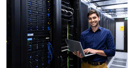 A man in business-casual attire stands in a server room holding a laptop and smiling at the camera. He is surrounded by racks of networking equipment and cables, suggesting he is performing IT or data management work.