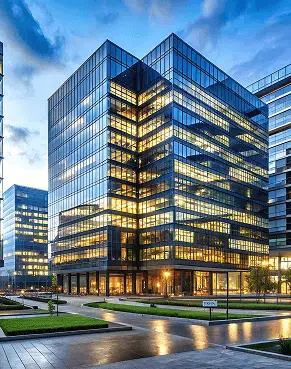 A sleek glass office tower glows at dusk as interior lights reflect off its mirror-like façade. Trim landscaping and wet pavement in the foreground hint at a recent rain while framing the building’s sharp modern lines.