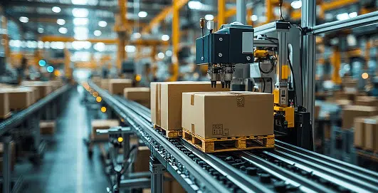 A robotic arm places sealed cardboard boxes onto a wooden pallet as they move along a conveyor belt in a brightly lit, automated warehouse. The image highlights industrial-scale logistics and advanced automation in modern packaging and distribution.