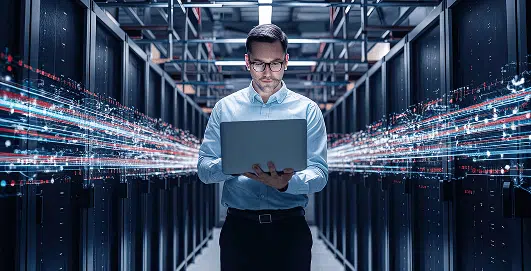 A man stands in a modern data center aisle, focused on a laptop as glowing streams of data flow past him from rows of server racks on both sides. The image conveys high-tech infrastructure and real-time data processing in a secure environment.