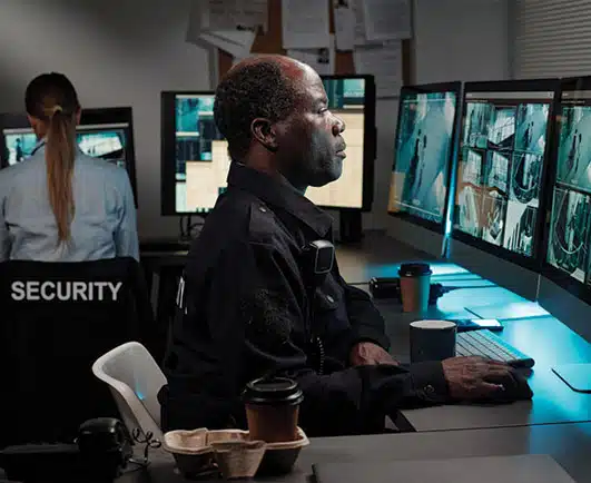 A male security officer monitors multiple surveillance screens showing different camera angles of a building interior, while a female colleague in a “SECURITY” jacket sits at a separate desk facing away. Coffee cups and a headset rest on the desk, suggesting a long shift in a control room setting.