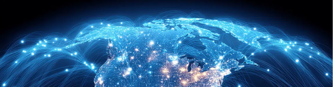 A digital illustration of North America glows with bright blue and gold lights, representing data connections across cities. Curved light trails arc across the continent and beyond, symbolizing global internet and communication networks.