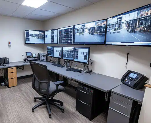 A modern security control room features multiple large wall-mounted screens and desktop monitors displaying live surveillance footage of city streets. The setup includes office chairs, telephones, and computer equipment, designed for continuous monitoring and incident response.