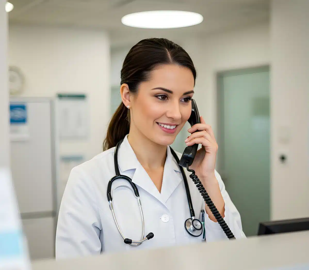 A female doctor in a white lab coat with a stethoscope around her neck is smiling while speaking on a corded phone at a medical reception desk. The background shows a modern clinical setting with white walls and medical posters.