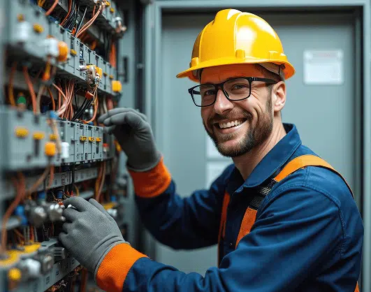 A smiling technician wearing safety gear, including a yellow hard hat and gloves, works on a complex system.