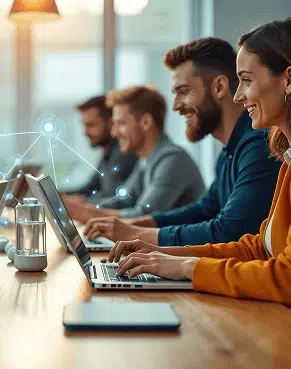 Young professionals sit side by side at a long wood table typing on laptops while faint glowing network nodes hover above their screens. Warm light and easy smiles capture collaborative energy and forward-thinking tech solutions.