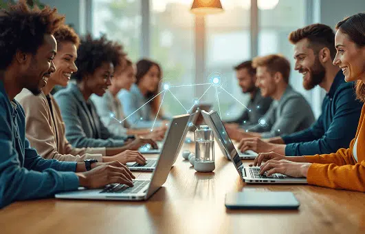 A diverse group of professionals sit across from each other at a long table, smiling and working on laptops in a collaborative office setting. Lightly glowing digital network lines connect their devices, symbolizing teamwork and digital connectivity.