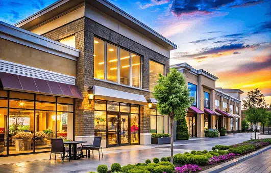A row of modern retail storefronts with large glass windows and awnings is shown at sunset, with warm lighting glowing from inside. The landscaped walkway features trees, flowers, and outdoor seating, creating an inviting shopping environment.
