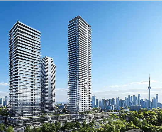 Three modern glass high-rise buildings stand prominently against a bright blue sky, with the Toronto skyline and CN Tower visible in the background. The scene is framed by lush green trees, blending urban development with natural elements.