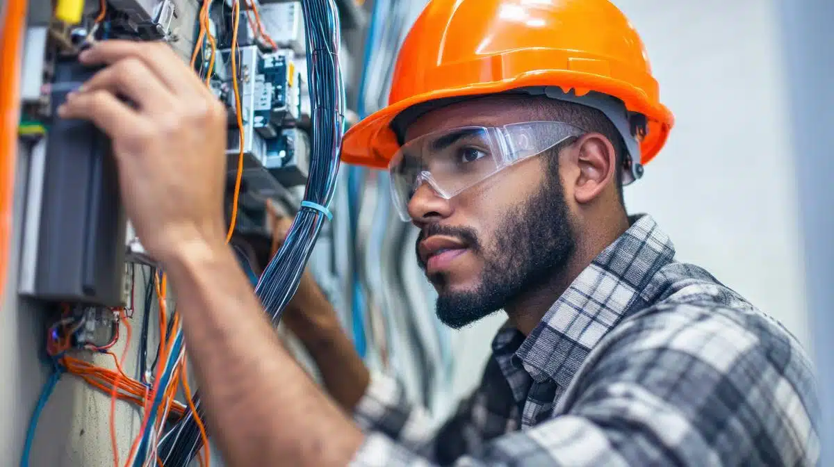 Technician wearing a hard hat and safety glasses working on a panel of electrical wires and components. The close-up shot shows focused attention to detail and safety in a technical environment.