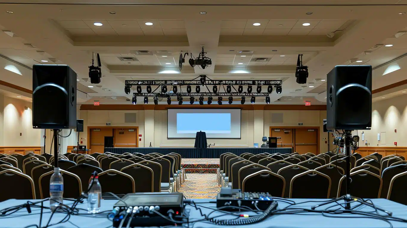 Empty conference room set up for a presentation, with rows of chairs facing a stage, a projection screen, and a lighting rig overhead. Audio equipment and two large speakers are positioned in the foreground, suggesting final preparations before an event begins.