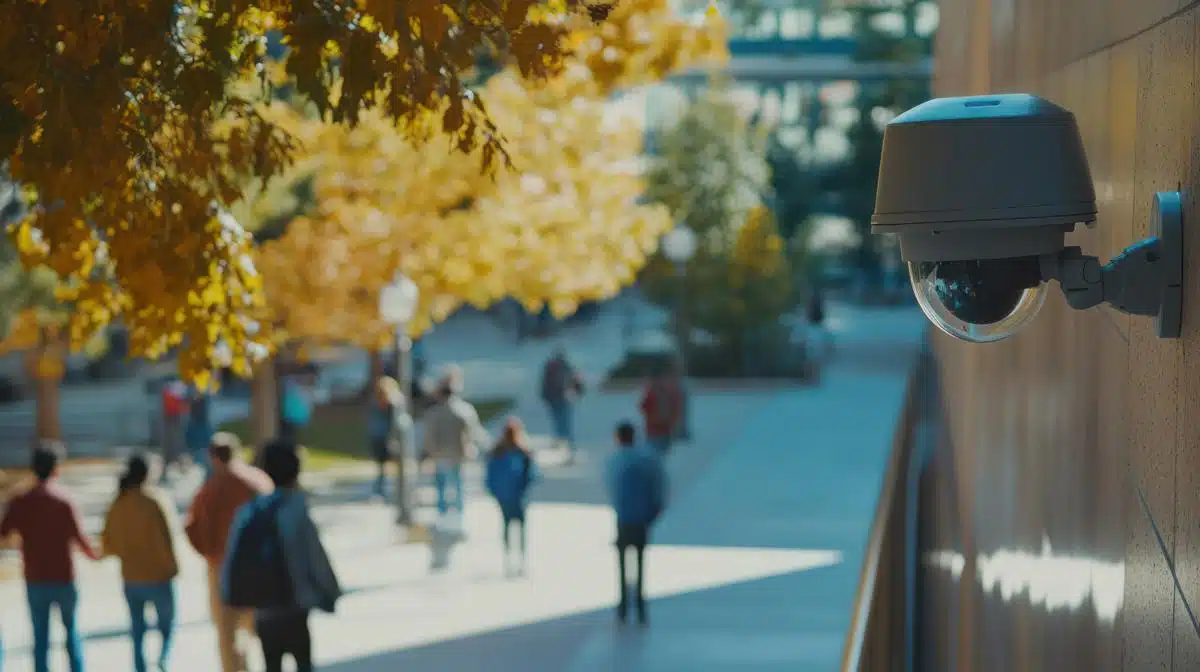 Wall-mounted security camera overlooking a tree-lined walkway with students walking through a campus on a sunny autumn day. The background shows golden-yellow foliage and a blurred crowd, emphasizing the camera's focus on safety and surveillance.