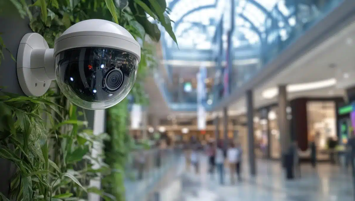 Close-up of a dome security camera mounted on a wall covered with green plants inside a brightly lit shopping mall. The blurred background shows shoppers walking along the corridor beneath a glass-domed ceiling.