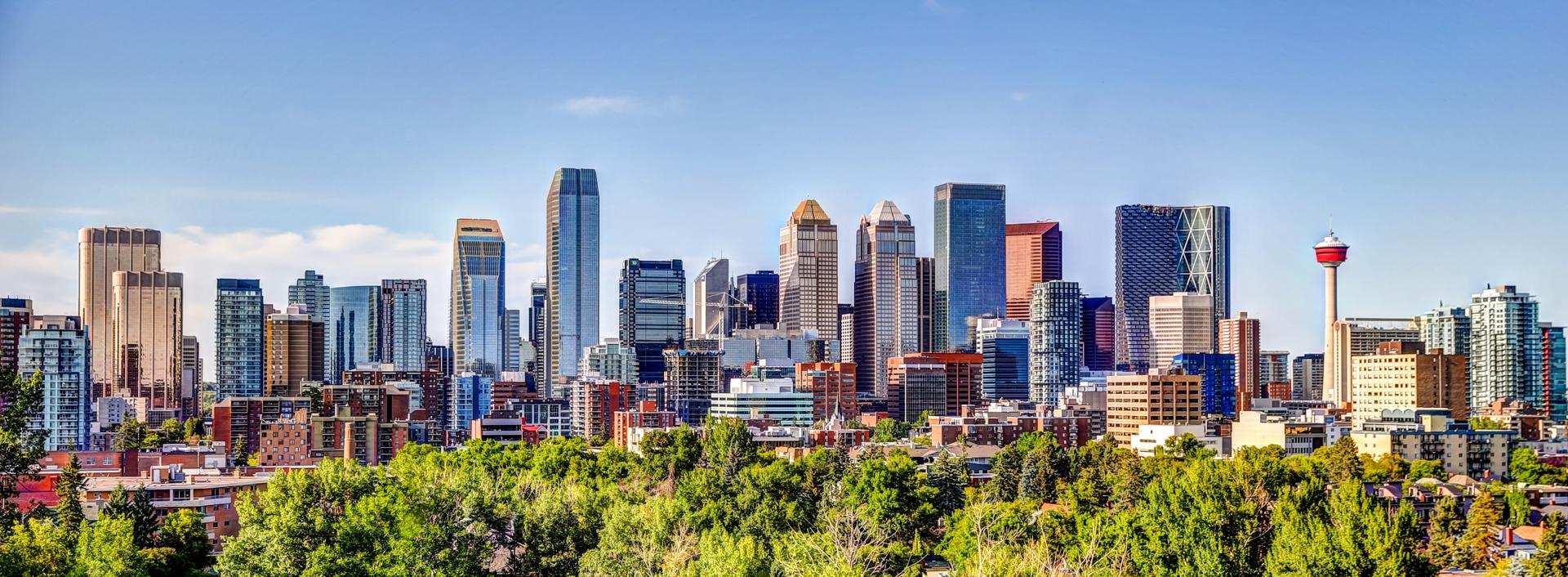 Panoramic view of downtown Calgary featuring a dense cluster of modern skyscrapers with the iconic Calgary Tower standing out on the right. Lush green trees fill the foreground under a clear blue sky, creating a vibrant contrast with the urban skyline.