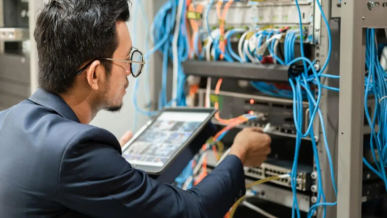 Network technician inspecting and managing structured cabling with a tablet in hand, representing ExcelLinx Communications' professional cabling installation and maintenance services.