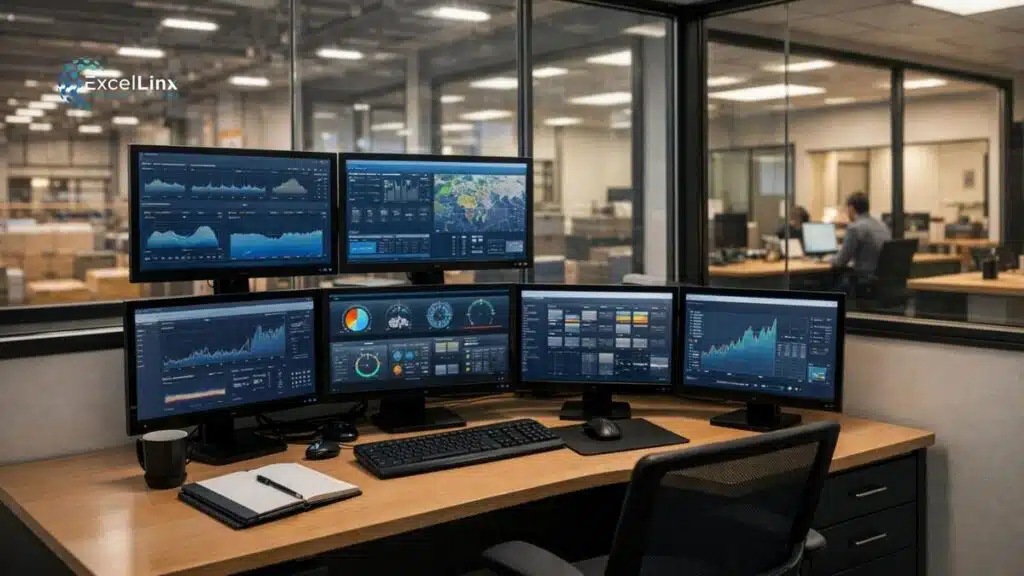 Multi-screen monitoring workstation displaying system data, analytics, and communication dashboards in a commercial environment, illustrating centralized control and monitoring systems used in modern business communication and paging infrastructure.