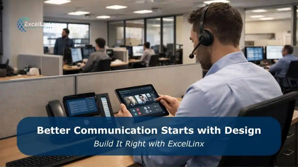 Office professional using a headset and tablet connected to a VoIP communication system in a modern workplace, representing upgraded business communication systems including paging and intercom solutions, with overlay text about improving communication through proper system design.