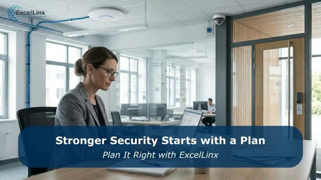 Business professional working on a laptop in a modern office with visible surveillance cameras and network cabling infrastructure, representing strategic planning and implementation of business security systems, with overlay text about building stronger security with the right plan.