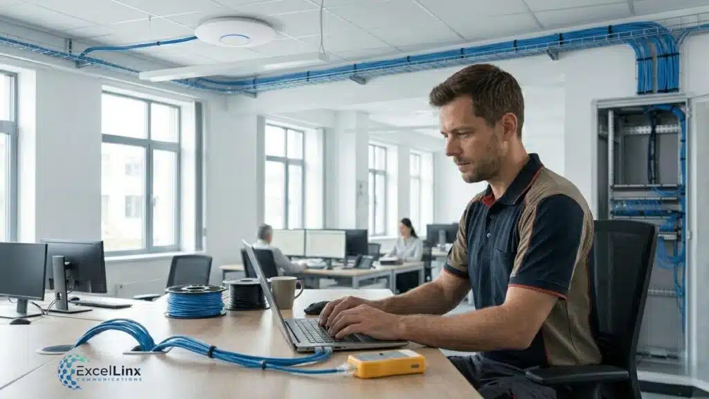 Network technician working on a laptop at a desk with visible CAT6 ethernet cables and testing equipment in a modern office environment, with structured cabling installed along ceilings and walls, illustrating professional business network installation and infrastructure setup by ExcelLinx Communications.